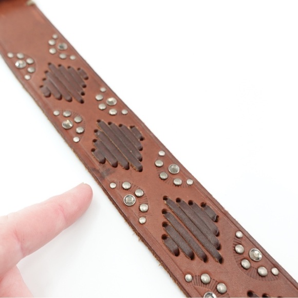 Abercrombie & Fitch Sz S/M Brown Leather Belt Studs Rhinestones Bling Boho Lace - Picture 12 of 12